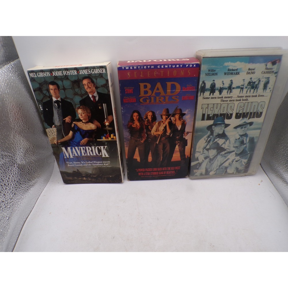 Western VHS Lot Maverick Bad‎ Girls Texas Guns Mel Gibson Willie Nelson 3 Tapes